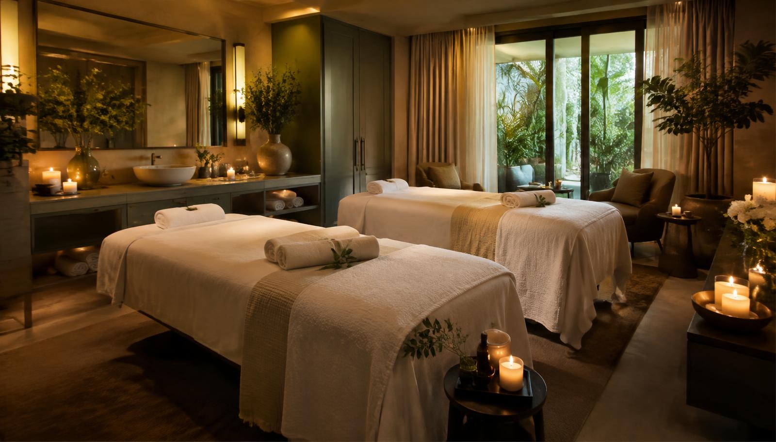 Calm, candlelit treatment room at Glow Beauty Spa